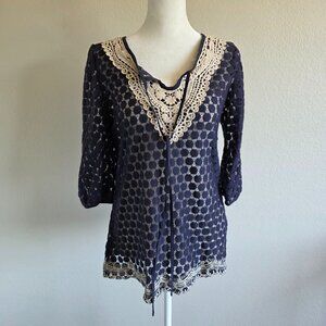 NEW Solitaire Blouse Top Lace Crochet Elbow Sleeve Navy Cotton Poly Size L M